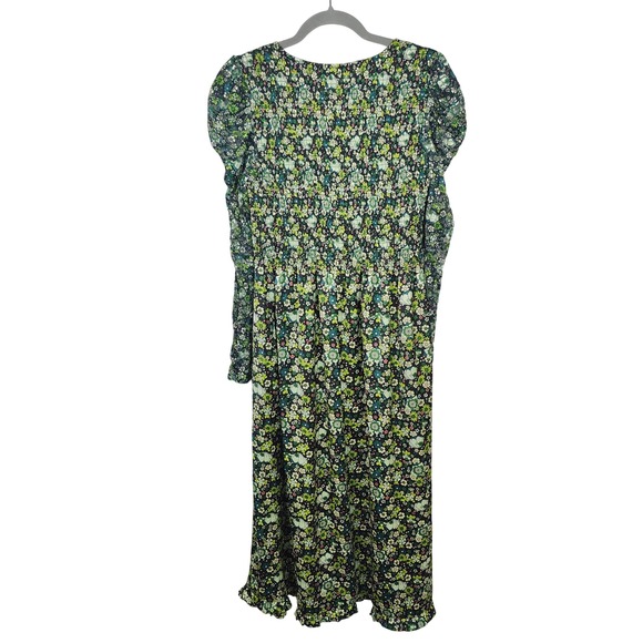 Scotch & Soda Amsterdam Midi Dress Women Medium Green Floral Smocked Puff Sleeve - Picture 9 of 10